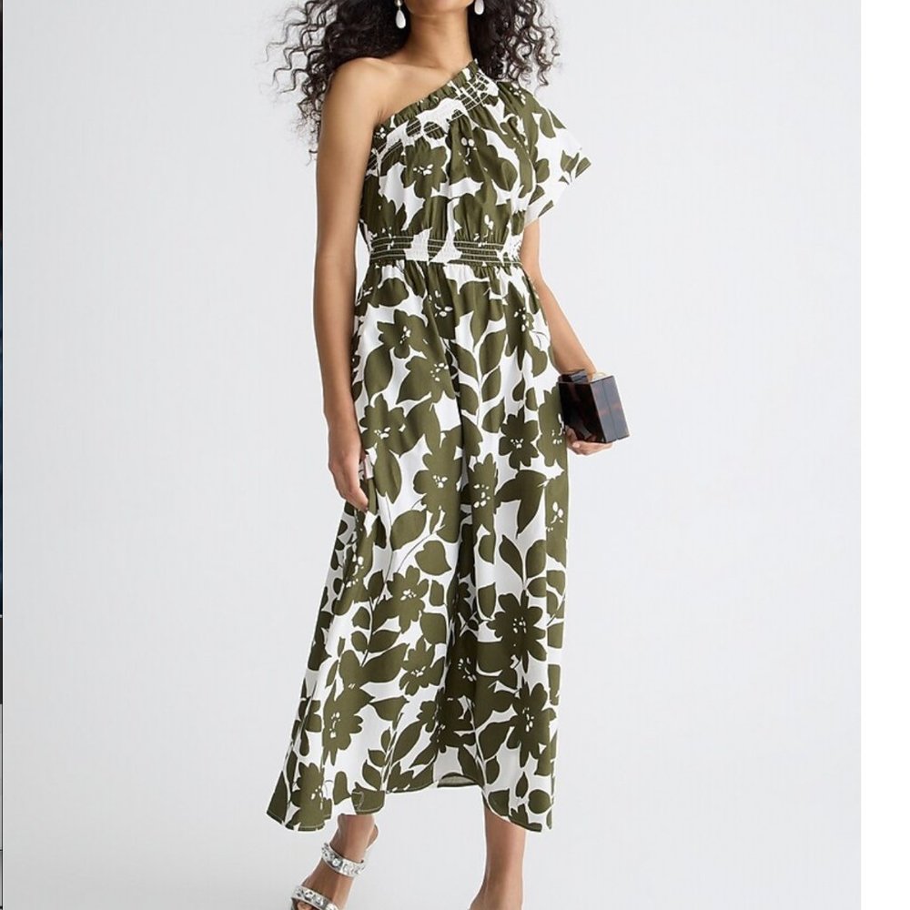 J.Crew Smocked cotton poplin one-shoulder dress in leafy floral-BR404-Rich Olive